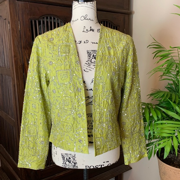 Chico's Silk Sequin Open Front Chartreuse Jacket - Picture 2 of 7